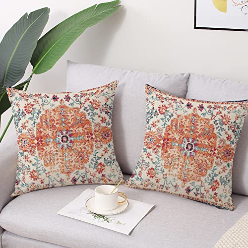 Gujiahone Outdoor Waterproof Pillow Covers 18X18 Inch Set of 2 - Bohemian Vintage Carpet Pattern Orange Blue Ethnic Design Decorative Farmhouse for Couch Garden Balcony