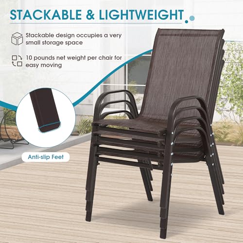 Villeston 24.4" Wide Outdoor Stackable Chairs Set of 4, Stacking Patio Chairs with Textilene Fabric, Outside Furniture for Garden Backyard Balconie Poolside Deck, Brown
