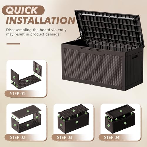 Devoko 100 Gallon Deck Box, Waterproof Resin Outdoor Storage Box with Cushion for Outside and Patio, Large Outdoor Storage Bench Cabinet Lockable for Patio Furniture and Garden Tools (Deep Brown)
