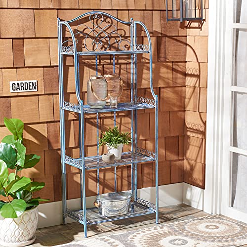 SAFAVIEH Outdoor - Amaris 4-Tier Bakers Rack - Mossy Blue Iron Metal - Vintage Victorian Scrollwork - Ideal for Patio, Deck, Porch, Sunroom, 14.5" W x 25" D x 63" H (PAT5014C)
