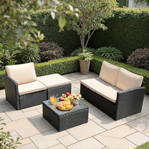 Devoko Patio Sofa,Outdoor Furniture Set 4 Pieces,Wicker Sectional Couch with Glass Desktop and 75.9in Wide Backrest for Backyard, Deck,Porch & Poolside(Black)