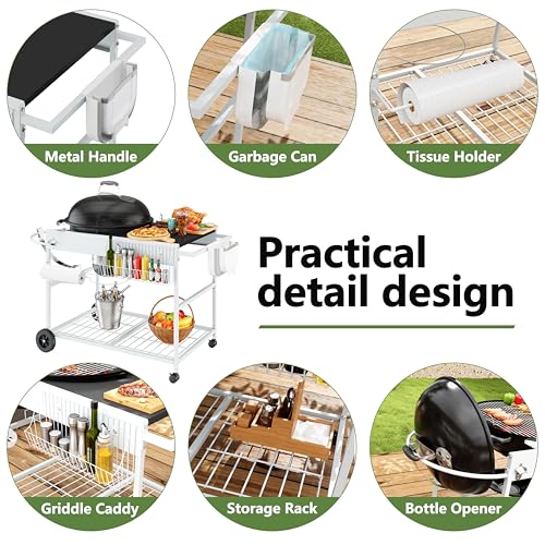 Shintenchi Grill Table for Weber 22" & 18" Original Kettle, Outdor Grill Cart with Wheels, Movable Outdoor Prep Table Cooking Station for JumboJoe and Master-Touch Charcoal Grill