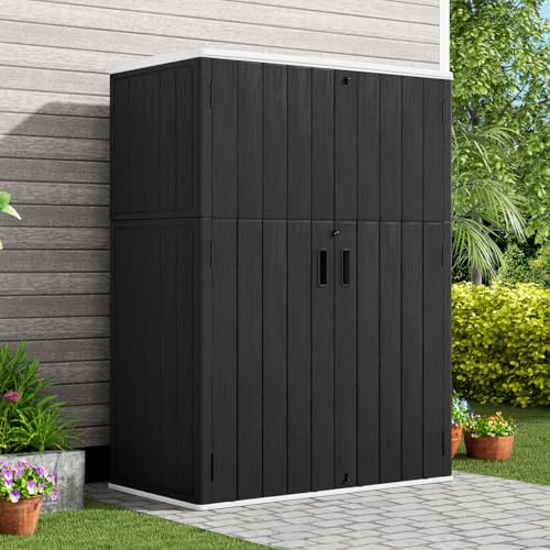 KINYING Outdoor Vertical Storage Shed,57 Cu.ft Outdoor Storage Cabinet Waterproof,Resin Sheds & Outdoor Storage Clearance for Garden,Patio,Backyard,Lockable (Black)