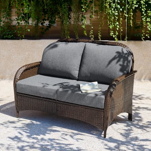 Tribesigns Outdoor Wicker Loveseat with 5.5'' Thick Cushions, 2-Seater Patio Sofa with 26.8'' Deep Seat, All-Weather Patio Wicker Loveseat for Porch, Deck, Backyard, Poolside, Gray/Brown