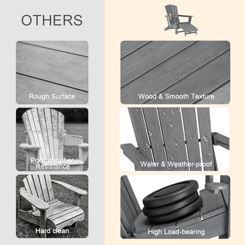 Polyhouz Folding Adirondack Chair with Retractable Ottoman,HDPE Outdoor Adirondack Chair with Cup Holder,All-Weather Lounge Chairs for Outside,Patio,Pool,Fire Pit,Grey