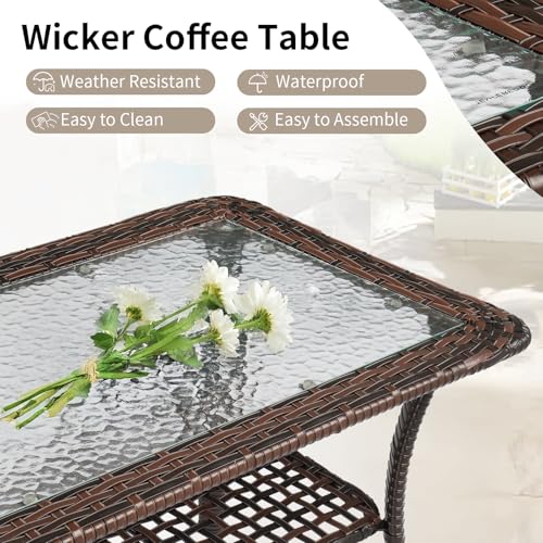 VINGLI Outdoor Coffee Table with Storage Wicker Patio Coffee Table, Tempered Glass Top Coffee Table for Patio Outside Balcony Porch Deck (Brown)