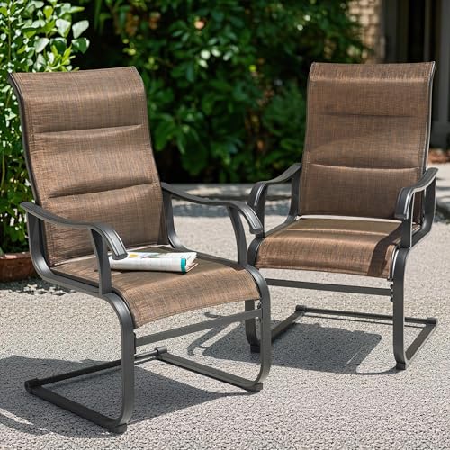 NUU GARDEN Patio Dining Chairs Set of 2, All Weather Outdoor Padded Textilene Patio Chairs, Breathable Spring Motion Textile High Back Outdoor Dining Chairs for Backyard, Lawn, Deck, Brown