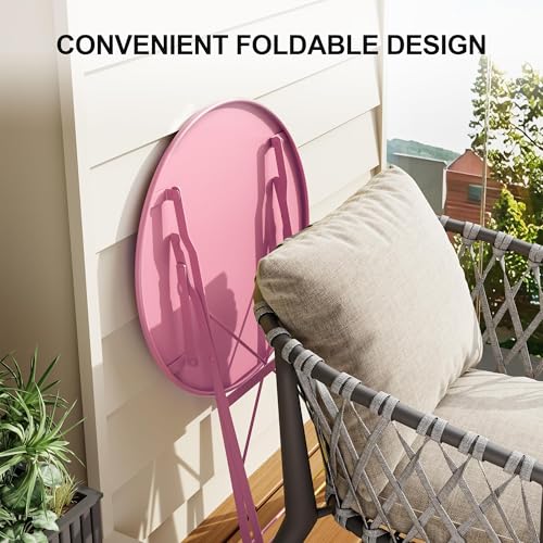 GarveeHome 3-Piece Foldable Bistro Set, Outdoor Patio Furniture with 2 Folding Chairs & 1 Table, Weather-Resistant Indoor/Outdoor Conversation Set for Patio, Garden, Balcony, Pink Flat Tube