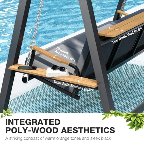 Pamapic 3-4 Seat Porch Swing with Stand, 990lbs Heavy Duty Outdoor Swings for Adults with 4“ Thick Cushions, Breathable Textilene Mesh Base, Adaptive Pillow, Adjustable Canopy, Side Trays for Backyard
