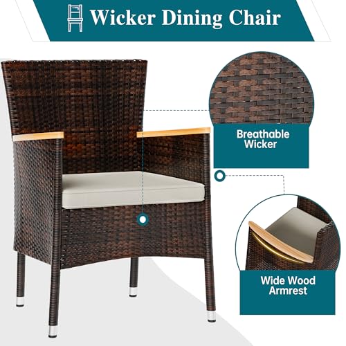 Shintenchi 5 PCS Patio Dining Set, Wicker Outdoor Table and Chairs with Soft Cushions, Patio Furniture Set with Wood Table Top for Backyard, Deck and Garden, Brown Rattan