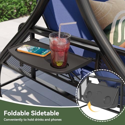 Aoxun Outdoor Porch Swing with Stand and Canopy, 3 Seats Outdoor Swings for Adults, Convertible 2 in 1 Swing Bed with Cup Holder, Patio Swings with Thicken Cushions for Garden, Yard & Balcony, Blue