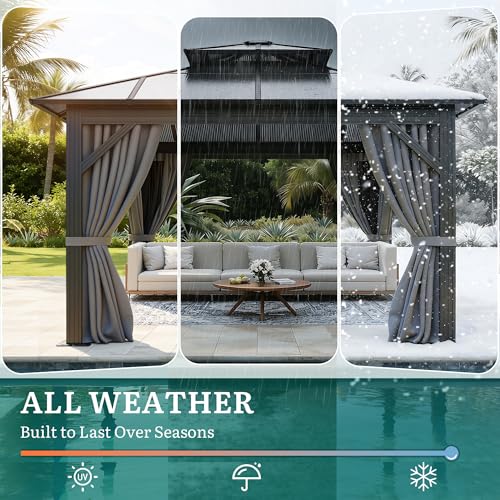 YITAHOME 10x10FT Gazebo Polycarbonate Hardtop Double Roof Canopy Outdoor with Netting and Shaded Curtains, Metal Frame Garden Tent for Patio, Backyard, Deck and Lawns, Grey