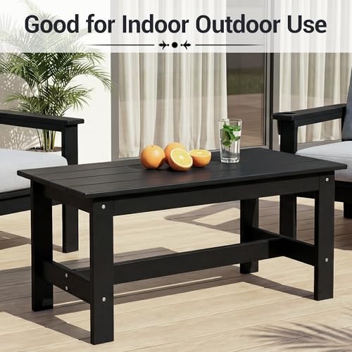 WiNVO HDPE Outdoor Coffee Table, Rectangle Patio Coffee Table, All-Weather Side Table for Balcony, Poolside, Deck, Garden, Black, 37.7''L x 20.8''D x 17.7''H