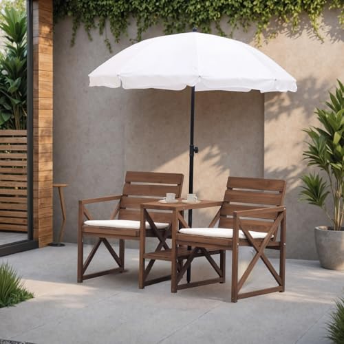 Hanover 33.5" x 27.5" Wood Outdoor Conversation Set with Two Seats, Table, and Umbrella