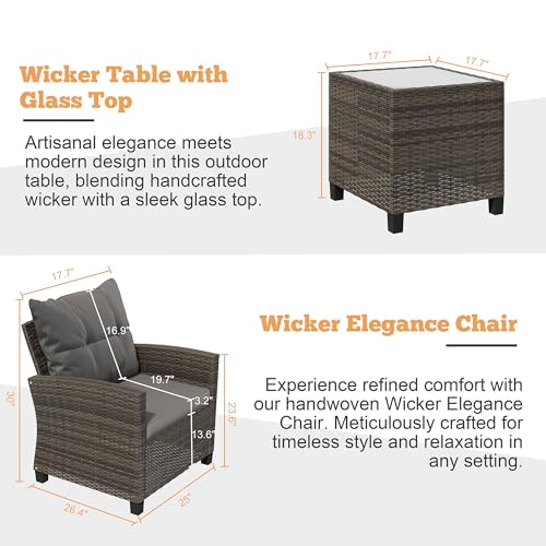 Shintenchi 3 Pieces Patio Furniture Set 3 Pieces PE Rattan Wicker Chairs with Table Outdoor Furniture for Backyard/Garden/Poolside/Outdoor Restaurant Gary Rattan with Gary Cushion