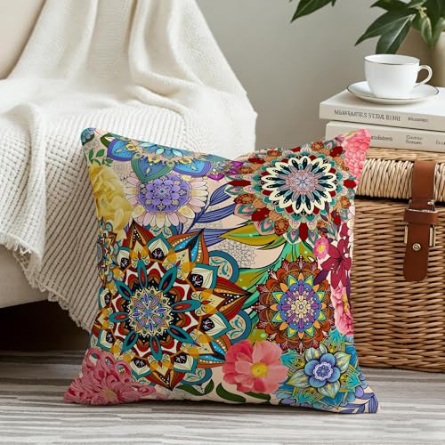 Waiyear Outdoor Pillow Covers 18x18 Boho Floral Waterproof Throw Pillow Covers Colorful Decorative Outdoor Cushion Cases for Patio Funiture Garden Bench Balcony Sofa Couch Set of 2