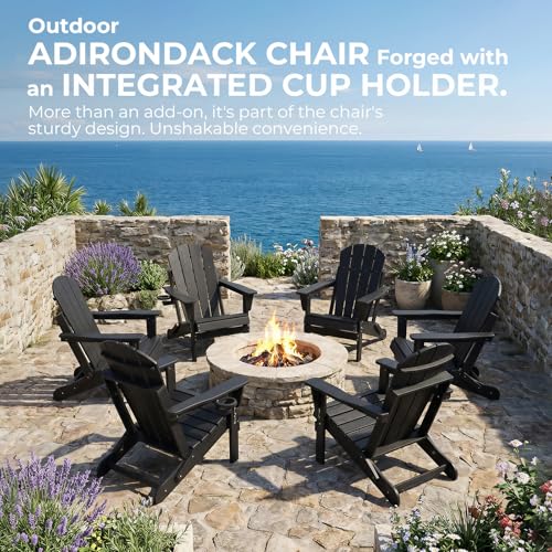 SFYLODS HDPE Folding Adirondack Chair, Outdoor Patio Chair with Cup Holder, Weather Resistant Wood Grain Lawn Chair for Backyard, Garden, Fire Pit, Deck, Black