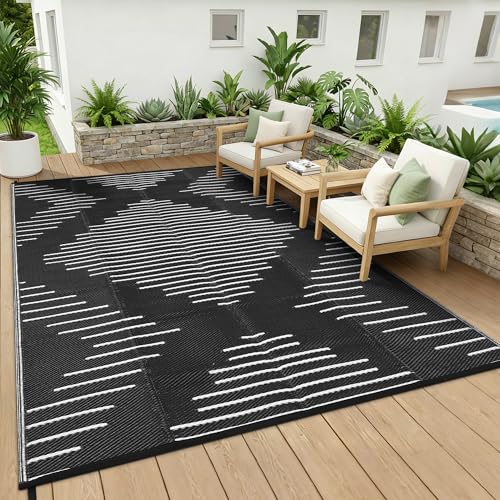 Garvee Waterproof Outdoor Rug 5x8 Rug Plastic Reversible Area Rugs Indoor Outdoor Carpet for Patio RV Porch Balcony Backyard Picnic Black White