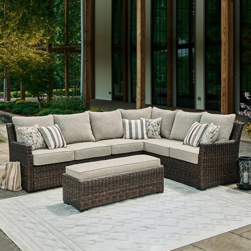 Signature Design by Ashley Brook Ranch Outdoor Sectional, All‑Weather Resin Wicker Patio Furniture With High‑Performance Cushions, Durable Aluminum Frame, Neutral