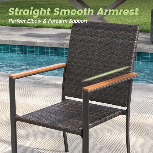 ARKOST Round Patio Dining Set for 10, 63" Round Metal Table with Umbrella Hole and Stackable Wicker Patio Chairs, Outdoor Furniture Set for Deck Backyard Garden, Walnut Chairs, Walnut Table