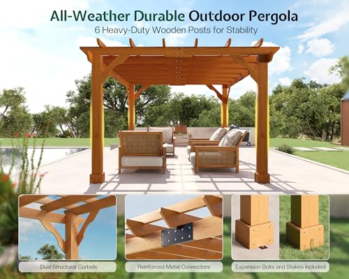 Jocisland 10x12 FT Premium Cedar Wood Pergola with Trellis Roof & Weather-Resistant Support, Outdoor Pergola Kit with Stakes, Garden Gazebo for Patio, Backyard & Events, Reddish-Brown