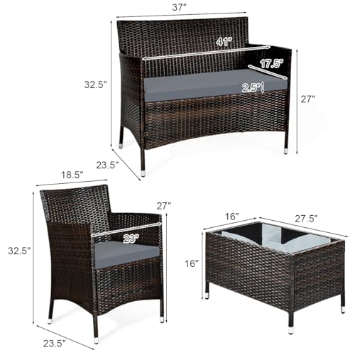 COSTWAY 8PCS Rattan Patio Furniture Set, Outdoor Wicker Rattan Chairs with Coffee Table, Rattan Cushioned Conversation Set for Backyard Balcony Porch Poolside, Grey