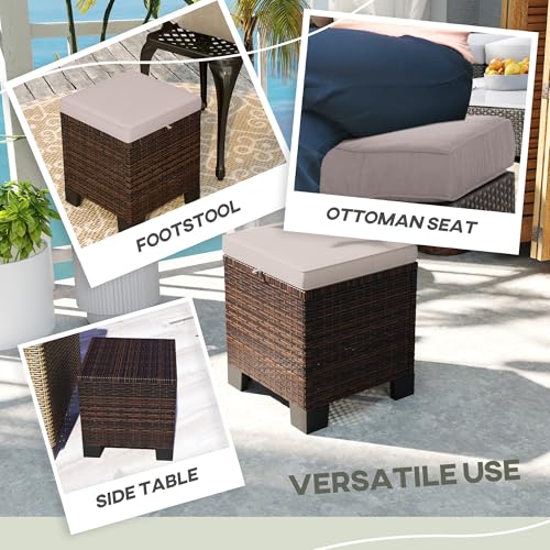 Outsunny 2 Pieces Outdoor Patio Ottomans, All Weather Wicker Footstools with Removable Cushions, 3-in-1 PE Rattan Ottoman Seat, Footrest and Side Table for Backyard, Poolside, Cream White