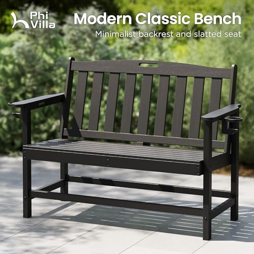 PHI Villa 50 Inches HDPE Outdoor Bench Weatherproof Garden Bench with 700 lbs Capacity, 2-Person Patio Benches for Outside, Park, Yard and Porch, Black