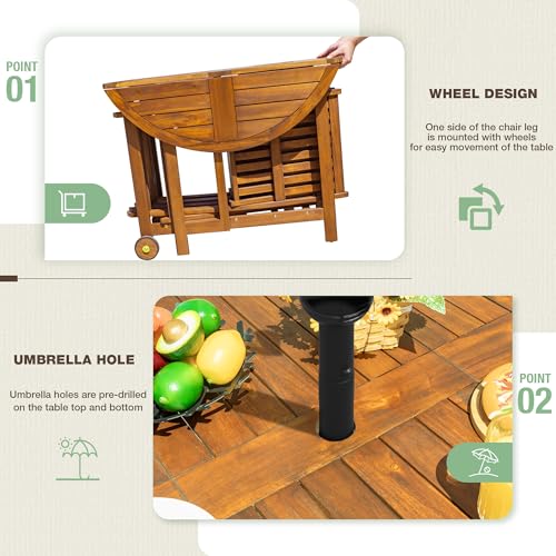 Devoko 5 PCS Patio Furniture, Patio Dining Set Acacia Wood Outdoor Table and Chairs, with 4 Folding Chairs and 37" Round Movable Table, Outdoor Dining Set for Lawn, Balcony, Garden (Light Brown)