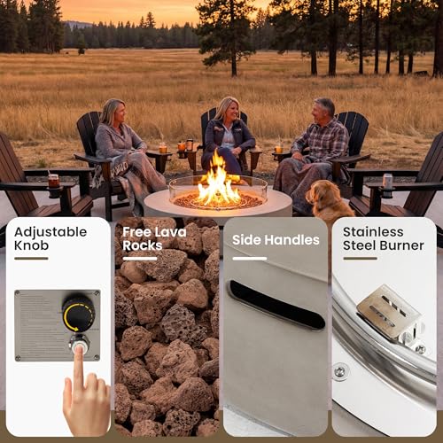COSIEST 2-Piece Outdoor Propane Firepit Table Set w Tank Table, 42" Fire Table Certified, 50,000 BTU w Gray Round Base,Wind Guard and 16 inches Tank Side Table 20lb for Garden,Pool