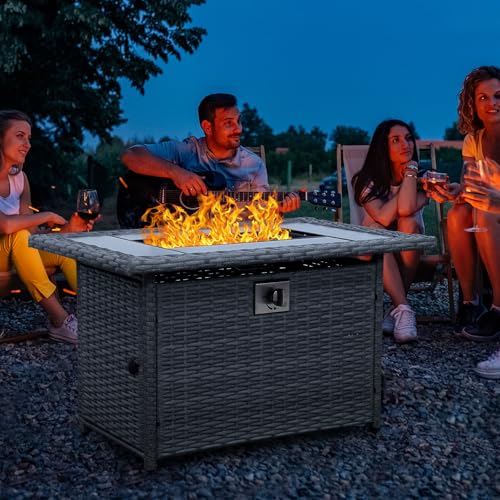 60000 BTU Wicker Gas Fire Pit Outdoor Fire Pit Table 45 Inch Fire Pits for Outside with Woodgrain Marble Tabletop Fire Pit Cover and Blue Crystal Beads