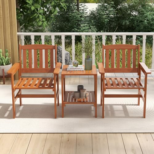 Tangkula 3 Piece Patio Conversation Set, Outdoor Wood Conversation Seat with Table and Umbrella Hole, Outdoor Furniture Set of 3 for Garden Poolside Backyard Balcony Porch