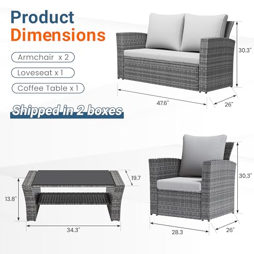 Wisteria Lane Patio Furniture Set, Wicker Outside Outdoor Furniture for All Weather, Patio Sofa with High Backrest Support and Wide Armrest for Backyard, Balcony, Deck, Porch, Ash Gray
