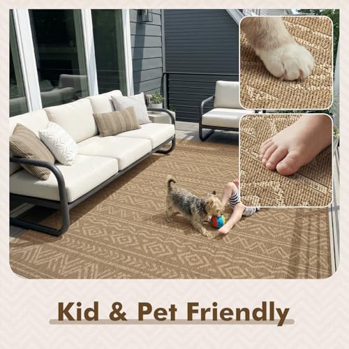 MontVoo-Outdoor Rug-Patio Rug 8x10 Polypropylene Indoor Outdoor Rug Outdoor Carpet for Patio Deck Balcony Porch, Textured Weave, Durable for High Traffic, Fade-Resistant, Boho Farmhouse Neutral Brown