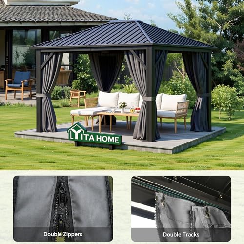YITAHOME 10'X12' Single Hardtop Gazebo Metal Outdoor Patio Galvanized Iron Aluminum Column Garden Tent Curtains Netting for Backyards Decks Lawns,Gray