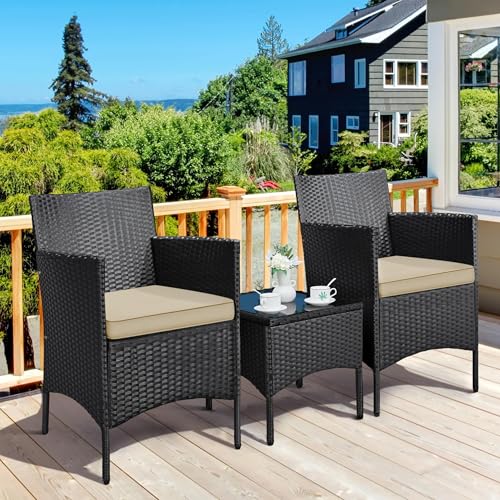 Yaheetech 3 Pieces Patio Conversation Set, Outdoor Rattan Bistro Furniture, 2 Chairs with Cushions & 1 Side Table for Bistro/Porch/Garden/Deck/Courtyard, Black/Khaki
