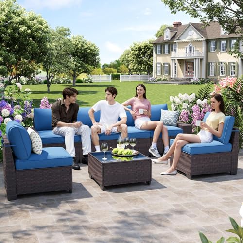 OUGMMGOU 7 Pieces Outdoor Patio Furniture Set, Outdoor Sectional Furniture Set, All-Weather PE Rattan Wicker Sofa with Cushions for Balcony, Deck, Garden
