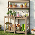 Polyhouz Outdoor Potting Bench with 3 Tier, All-Weather Patio Potting Table with Tool Hooks, HDPE Gardening Table for Backyard, Garden, Brown