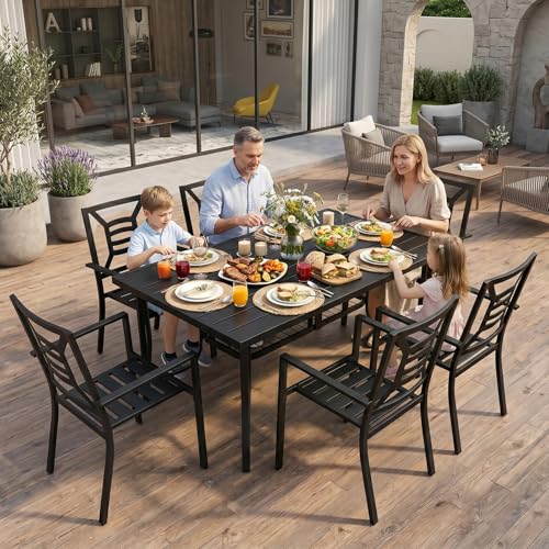 VOYSIGN 7 Piece Outdoor Patio Dining Sets, 60" Rectangular Metal Dining Table with Umbrella Hole & 6 Stackable Metal Chairs, Weather Resistant Garden Furniture Set for Backyard, Deck, Porch