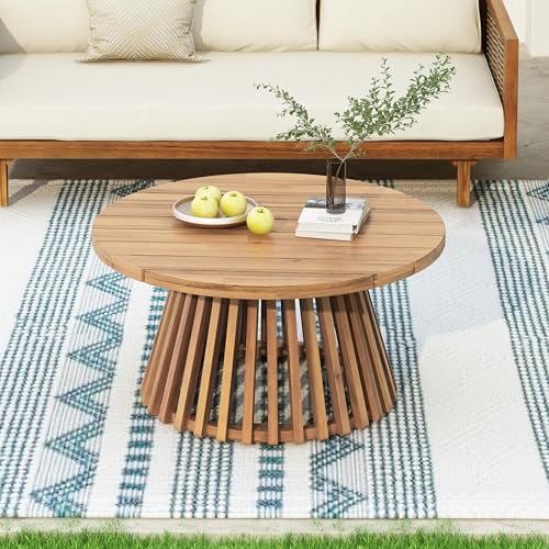 Christopher Knight Home Hakee Acacia Wood Patio Coffee Table, Round Coffee Table with Unique Wooden Base, Stylish Indoor/Outdoor Table, Easy Assembly, 31.5" x 31.5" x 16", Light Teak