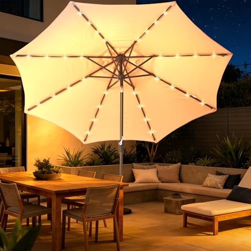 Tioline 9FT Solar-Powered LED Patio Umbrella with Tilt Crank,Outdoor Market Umbrella with 32 Lights,Sunshade for Deck, Garden and Pool,Beige