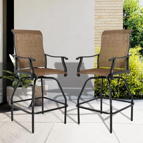 LEVELEVE Patio Bar Set 2pcs Swivel Bar Stools Outdoor Bistro Textilene Furniture Stability All-Weather Set (2, Dark Brown Fabric)
