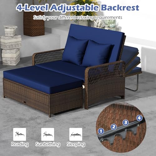 Tangkula Patio Rattan Daybed with 4-Level Adjustable Backrest, 2-Person Outdoor Wicker Loveseat with Storage Ottoman & Soft Cushions, Double Sunbed Lounger for Backyard, Porch, Poolside (Navy)