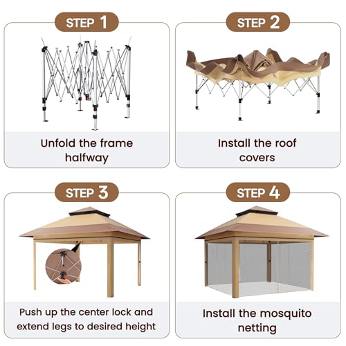 Driftalia 13x13 Pop Up Gazebo, Instant Outdoor Gazebo with Mosquito Netting, Vented Roof and Carry Bag for Patio, Garden & Backyard - Beige & Coffee