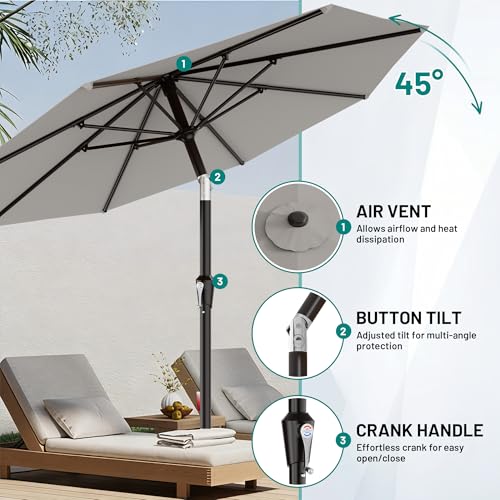 AreShark 10 FT Outdoor Patio Umbrella, Patio Table Umbrella with Push Button Tilt and Crank, Outdoor Patio Umbrellas with 8 Fiberglass Ribs, Patio Umbrellas for Market, Garden, Pool (Light Gray)