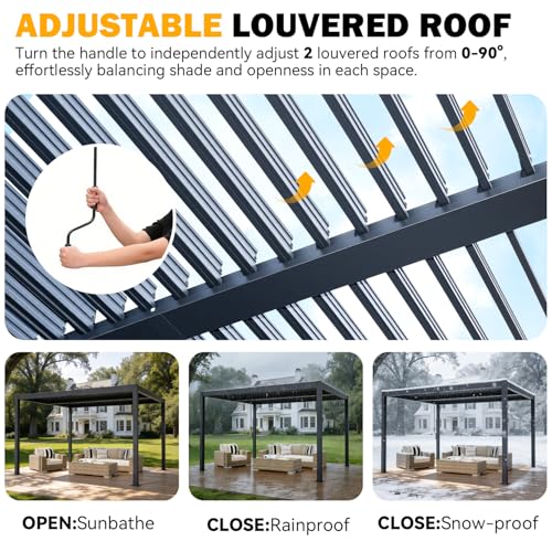 MELLCOM Pergola Louvered 10x12, Metal Hardtop Pergola with Adjustable Roof for Sun & Rain Shade, Outdoor Gazebo with Integrated Drainage System, Modern Rustproof Patio Canopy Carport
