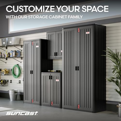 Suncast Heavy-Duty Resin Outdoor Storage Cabinet, 30" W x 20.25" D x 36" H Dark Grey Base Garage Storage Cabinet with Lockable Doors and Metal Reinforced Shelves, Made in the USA