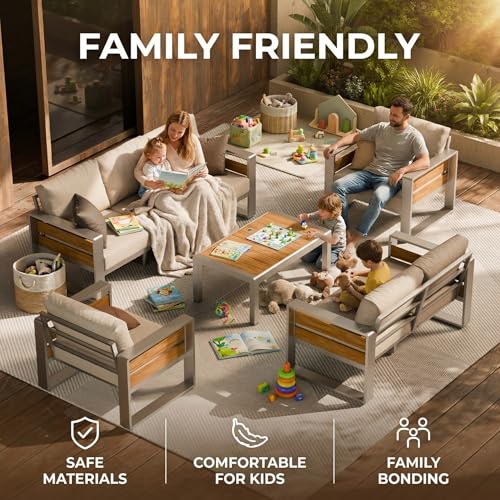 ZANDOR Aluminum Outdoor Patio Conversation Furniture Set, 5 PCS Metal Modern Outside Sectional Lawn Furniture with Coffee Table & Washable Thick Cushions,Seating Sofa for Garden/Backyard/Porch Silver