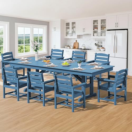 SERWALL 9 Piece Outdoor Dining Set, 84" HDPE Outdoor Table and Chairs for 8，All Weather Patio Furniture Set with Umbrella Hole for Backyard, Garden, Blue