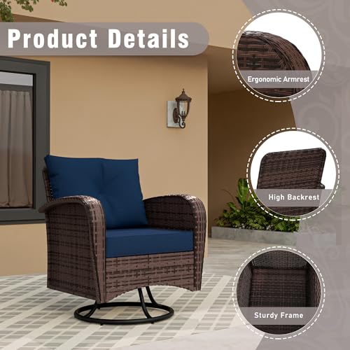 Qsoer 4 Piece Patio Conversation Set - 2 Swivel Chairs 1 Coffee Table 3-Seater Sofa, PE Wicker & Steel Patio Furniture with Heavy-Duty Steel Frame,Weatherproof Cushions, Blue